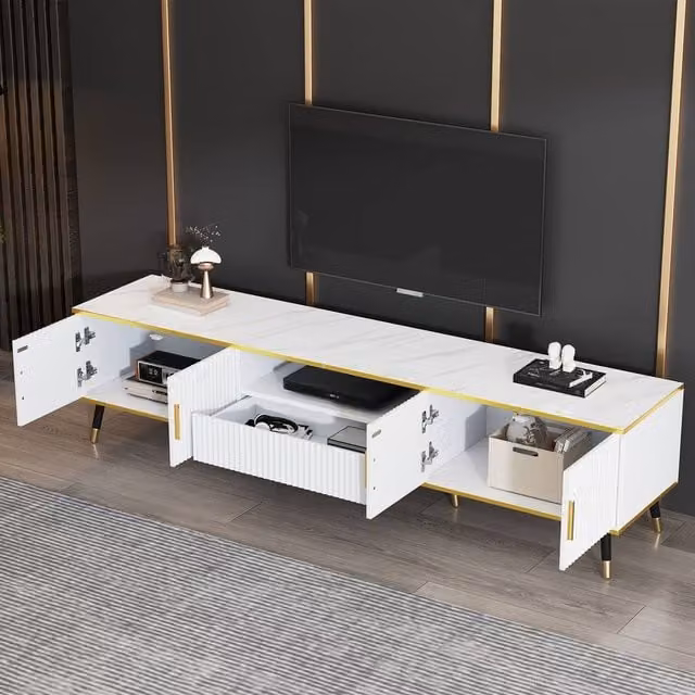 Merax Modern White and Gold Media Console TV Stand with Marble Effect Top and Soft Close Drawers, W: 200 cm, D: 40 cm, H: 46 cm