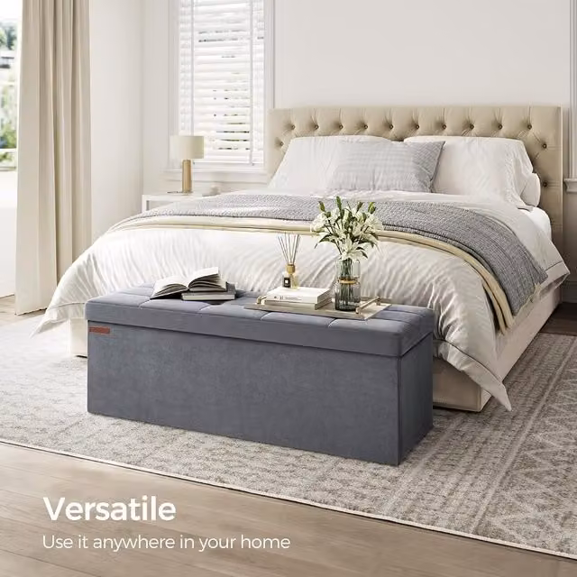 SONGMICS Foldable Small Storage Ottoman Foot Rest in Grey Velvet Fabric