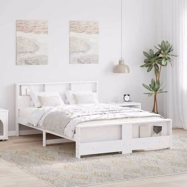 Berkfield Home White Solid Pine Wood Bed Frame with Headboard W/D/H: 160 x 200 cm