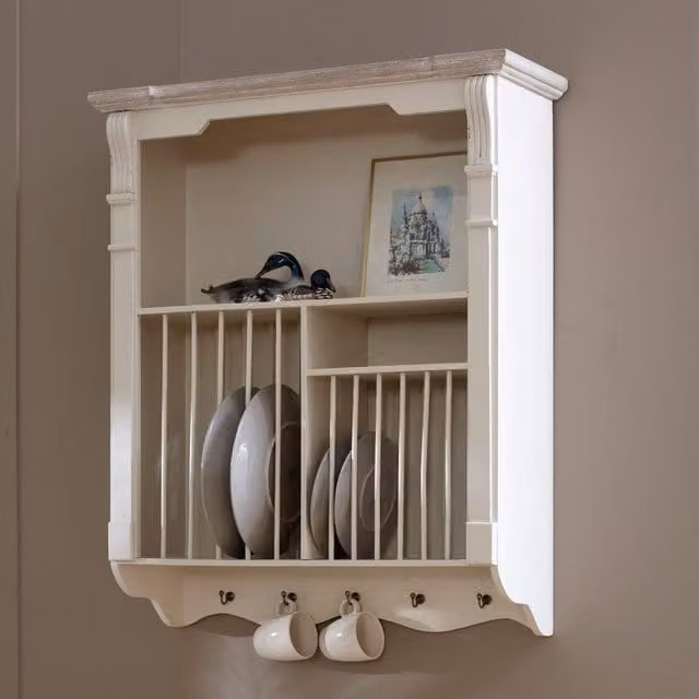 Melody Maison Lyon Range Cream Lacquered Wood Wall Mounted Plate Rack with Back Panel