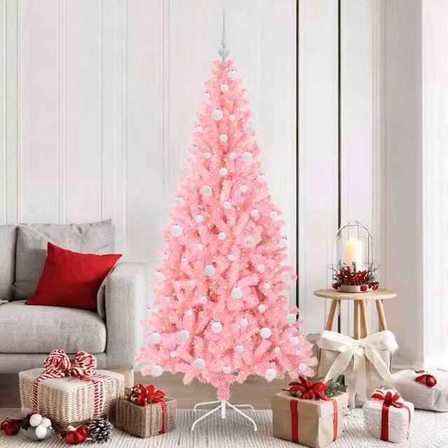 Berkfield Home Pink PVC Christmas Tree with 300 LEDs and Stand, Height: 180 cm – 1