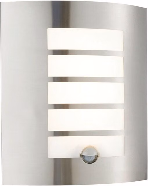 Loops IP44 Outdoor LED Wall Light with PIR Motion Sensor and Timer, Silver Stainless Steel and White, W/D/H: 26.0 x 10.4 x 23.0 cm