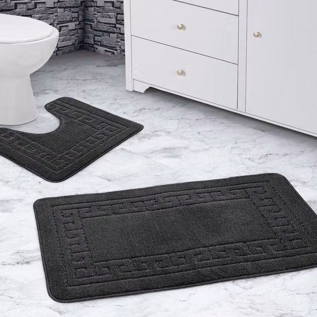 Velosso Greek Key Non-Slip Bathmat and WC Pedestal Mat Set in Charcoal Grey