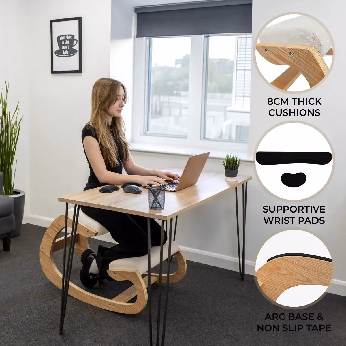 Monstershop Ergonomic Kneeling Chair in Beige with Fabric and Wood Construction – 2