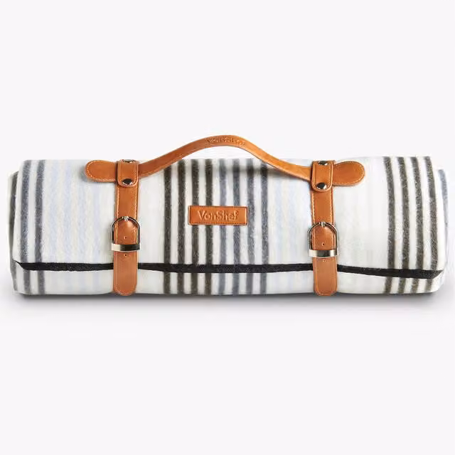 VonShef Striped Picnic Blanket with Faux Leather Carry Handle in White and Multicolour, 180 cm