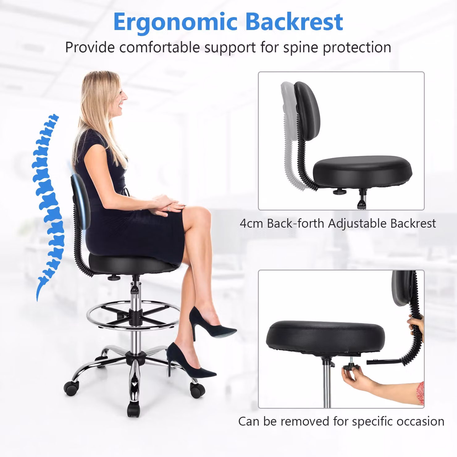 Costway Ergonomic Drafting Chair, Height Adjustable Swivel Office Stool in Black Synthetic Leather – 4