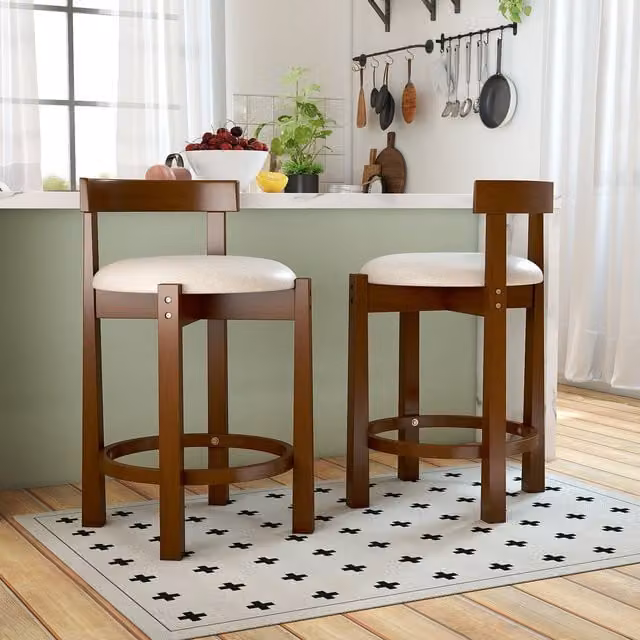 Costway Set of 2 Mid-Century Brown Fabric and Rubberwood Bar Chairs