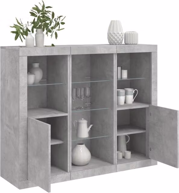 Berkfield Home Set of 3 Modern Sideboards with Integrated LED Lights in Matt Concrete Grey Engineered Wood