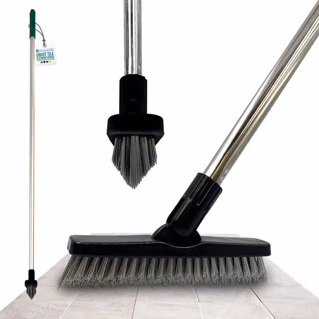 The Dustpan and Brush Store Colour-Coded Angled Grout Brush with Handle Swivel Tile and Corner Scrubber in Green and Yellow