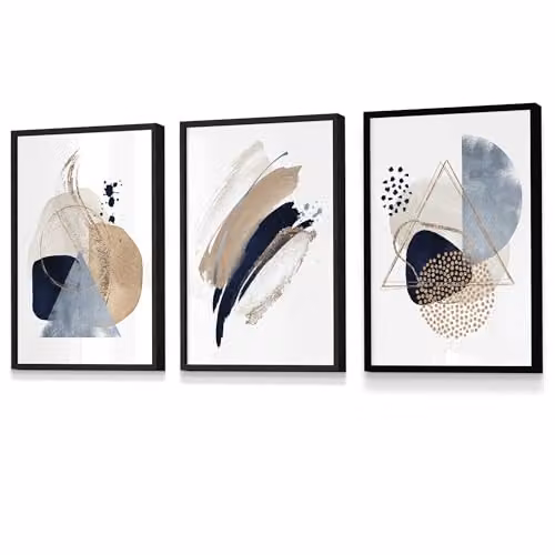 ARTZE Set of 3 Abstract Blue and Beige Geometric Wall Art with Black Frames, W: 33 cm, H: 45 cm – 2