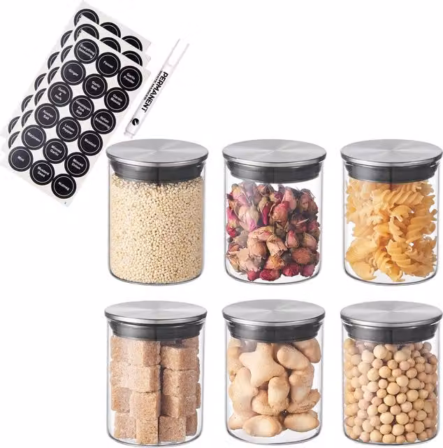 Eden & Willow Set of 6 Round Glass Spice Jars with Stainless Steel Screw Lids and Labels, Transparent, 200ml per jar