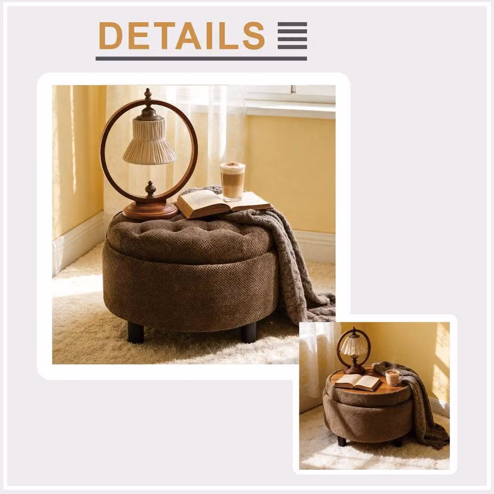 Rolipo Round Storage Ottoman and Coffee Table with Tray in Brown Nubby Fabric Upholstery – 3