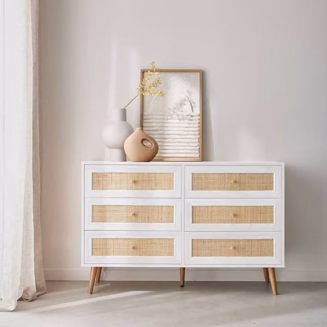 sweeek 6-Drawer Chest with Wood and Cane Effect in White, H 120 x W 79 x D 39 cm – 1