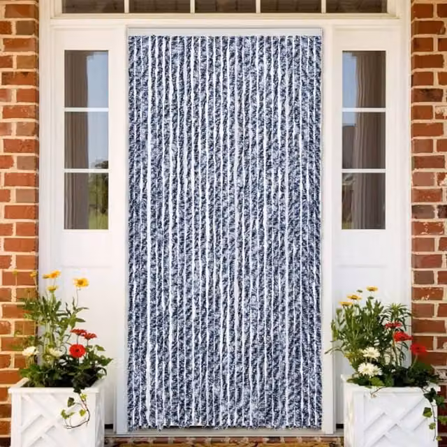 Berkfield Home Blue and White Striped Chenille Fly Curtain, W: 100 cm, H: 200 cm – 1