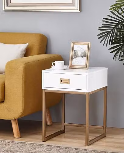 MMT Furniture Designs Moderna Bedside Table Nightstand in White and Gold, W/D/H: 40.64 x 40.64 x 45.72 cm – 2