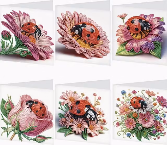 Syntego Pack of 6 Red and Multicolour Lady Bug Diamond Art Cards for Adults