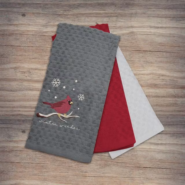 Noel Square Winter Robin Super Absorbent Cotton Tea Towels, 3 Pack, Grey