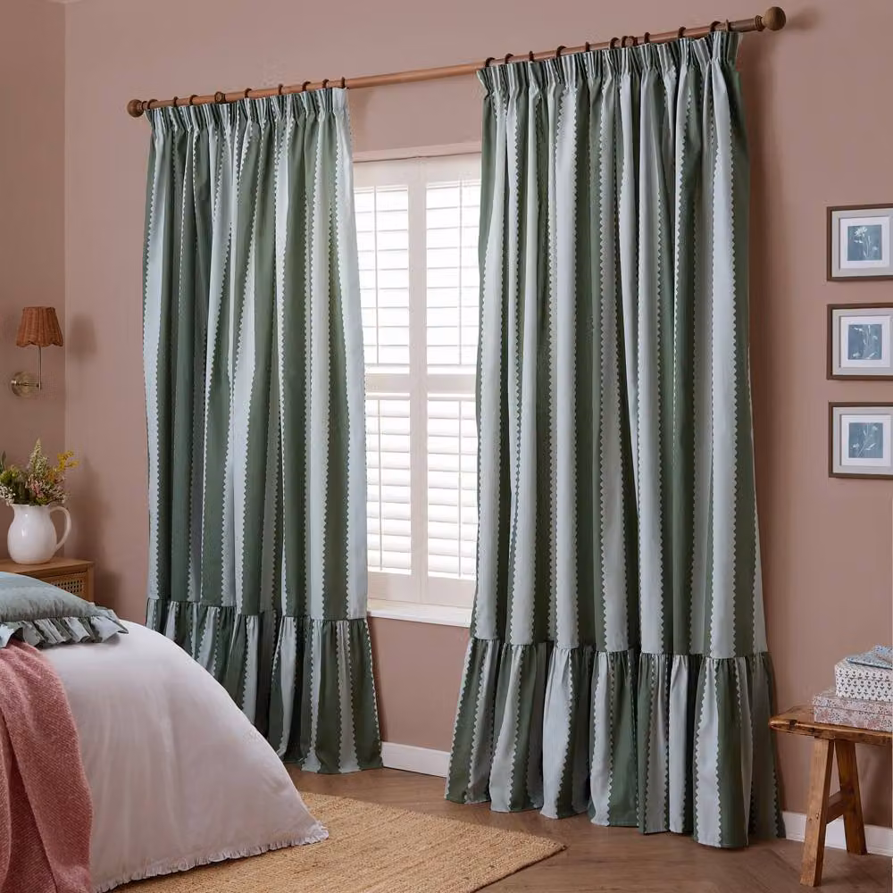 Wylder Birdie Stripe Ruffle Pencil Pleat Curtain Pair in Green, Width: 168 cm, Drop: 229 cm – 2