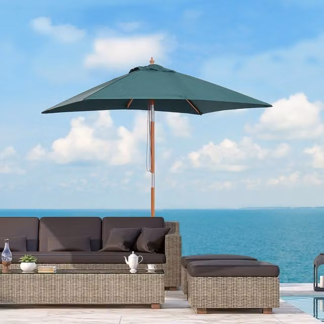 Outsunny Green and Brown Wooden Market Parasol with Polyester Canopy