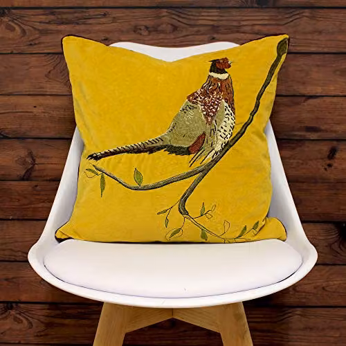 Paoletti Hunter Embroidered Pheasant Velvet Cushion, Yellow, W/D/H: 45 x 45 x 45 cm – 2