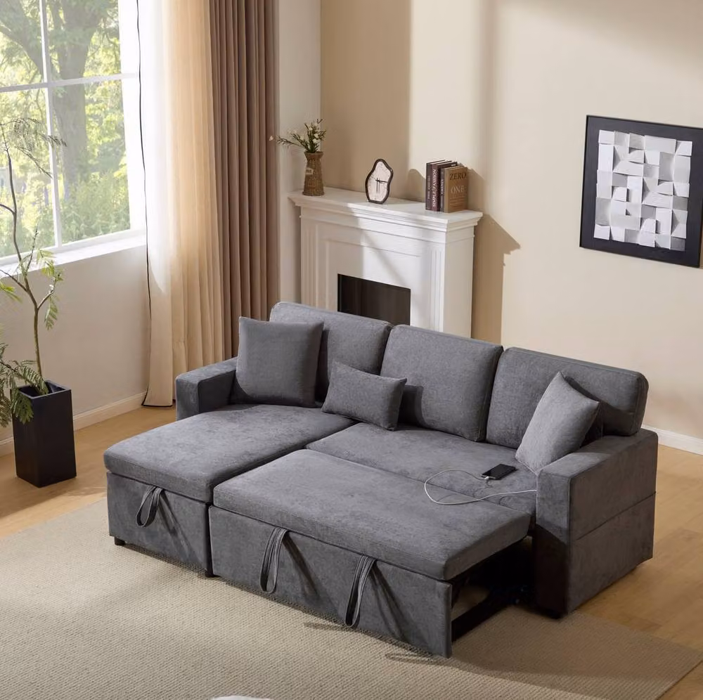 STILVORA 3 Seater Reversible Fabric Sofa Bed with USB Charging and Storage in Grey – 2