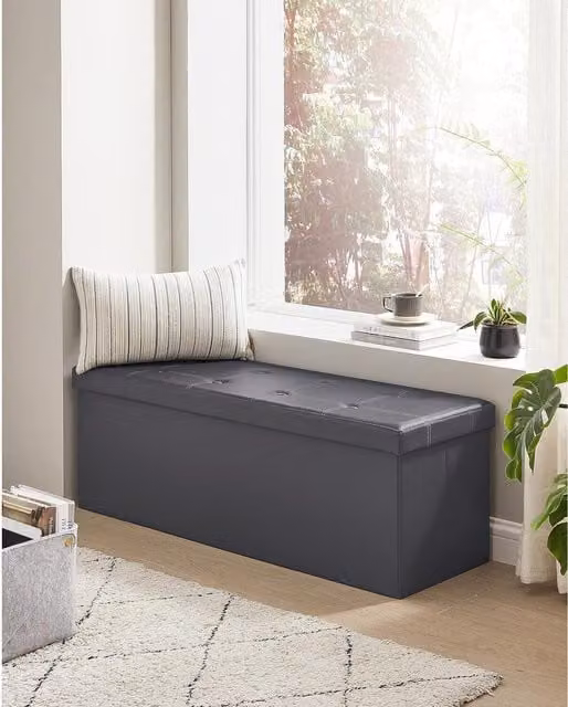 The Bazaarist Storage Ottoman Bench in Dark Grey with Synthetic Leather Padded Seat and Hinged Lid, W: 110 cm, H: 38 cm, D: 38 cm