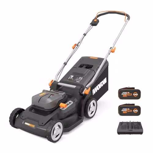 WORX PowerShare 40V Brushless Cordless Lawnmower in Black with 41cm Cutting Width, Mulching Kit, Collection Bag and Quick Charger