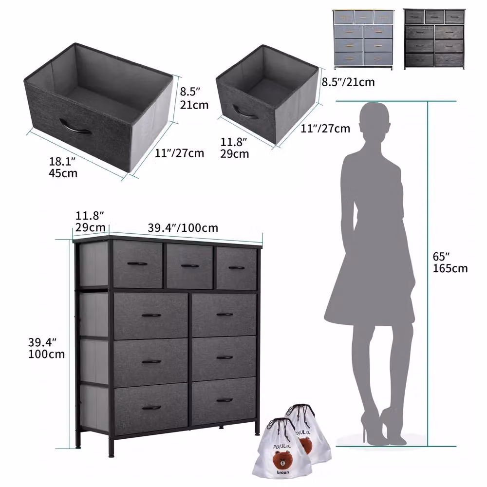 VOGREX 9 Drawer Fabric Chest of Drawers and Dresser in Dark Grey – 2