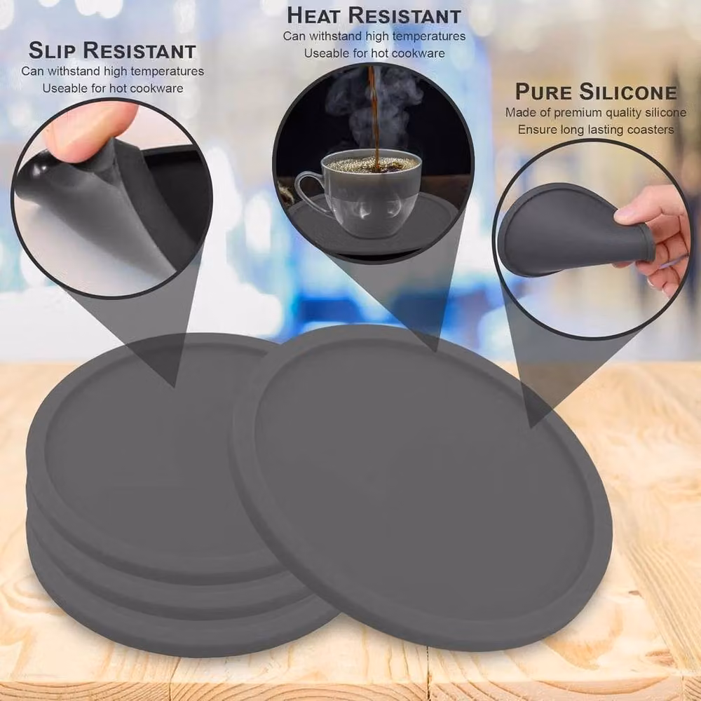 PAWNORA Non-Slip Round Silicone Coasters in Grey – 2