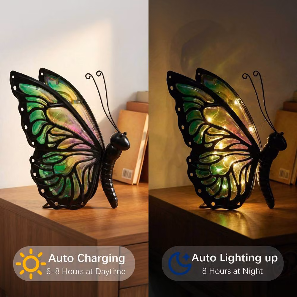 Bright Zeal Solar Butterfly Outdoor Lights, Hand-Painted Multicolour Glass Warm LED Decor – 2
