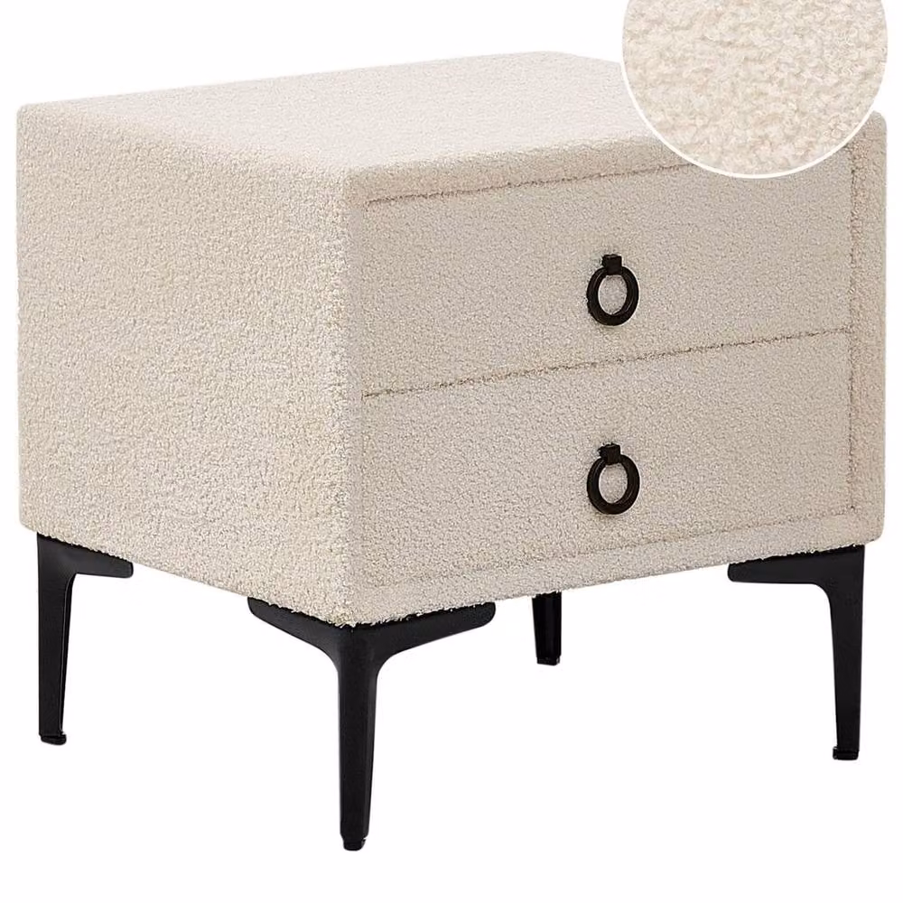 Wyld Haus Boucle Bedside Table in Off-White with Black Metal Legs and 2 Drawers, W/D/H: 38.0 x 45.0 x 44.0 cm – 2