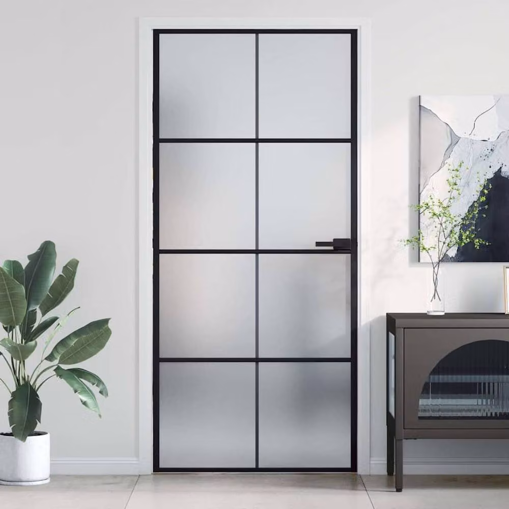 Berkfield Modern Slim Interior Door in Black with Tempered Glass and Aluminium, W: 93 cm, H: 201.5 cm – 2