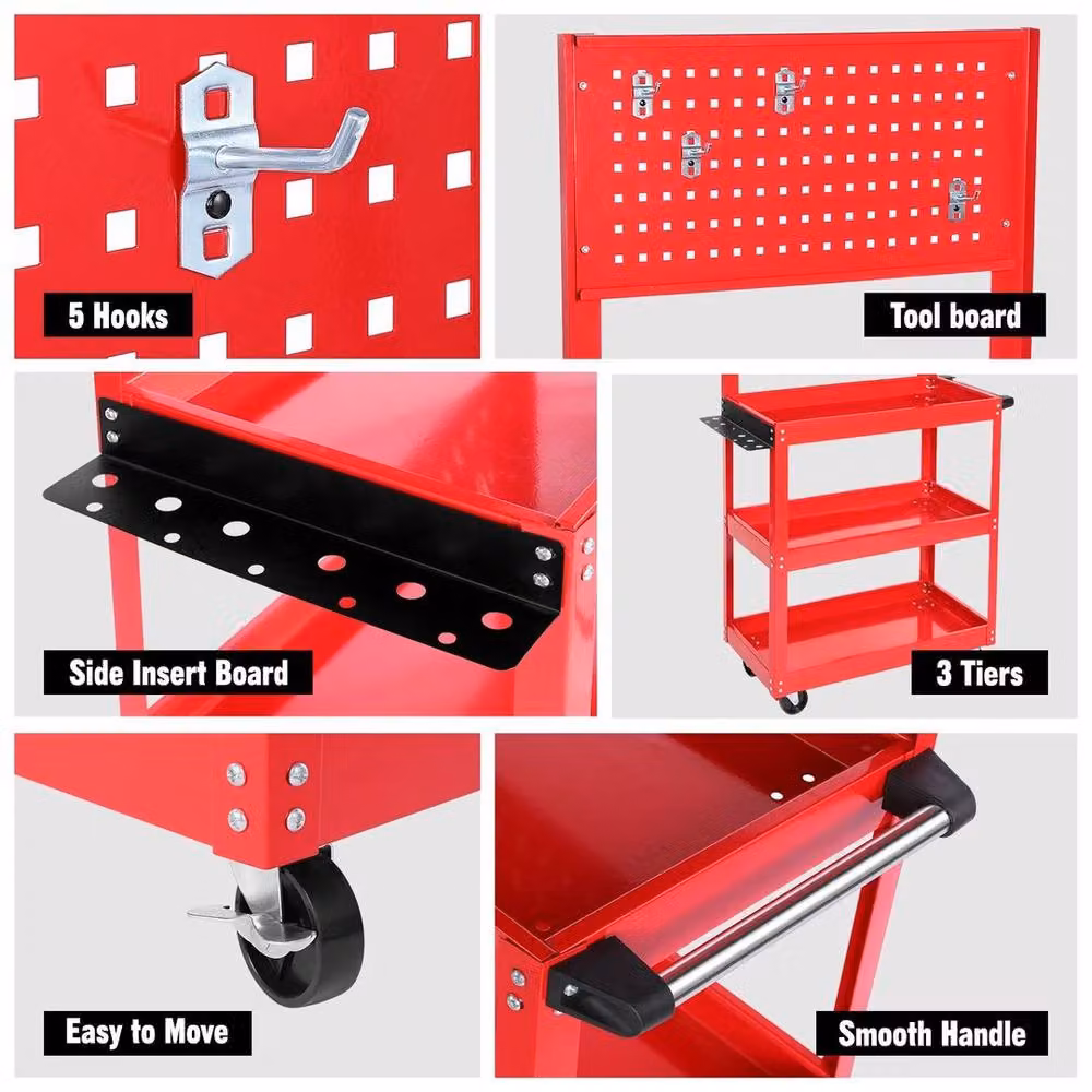 FLAVORA 3 Tier Heavy Duty Rollable Tool Storage Trolley Cart in Red, W: 100 cm, D: 15 cm – 3