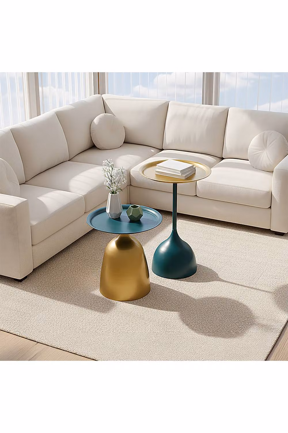 Living and Home Set of 2 Modern Round Metal Side Tables with Abstract Matt Petrol and Gold Finish – 2