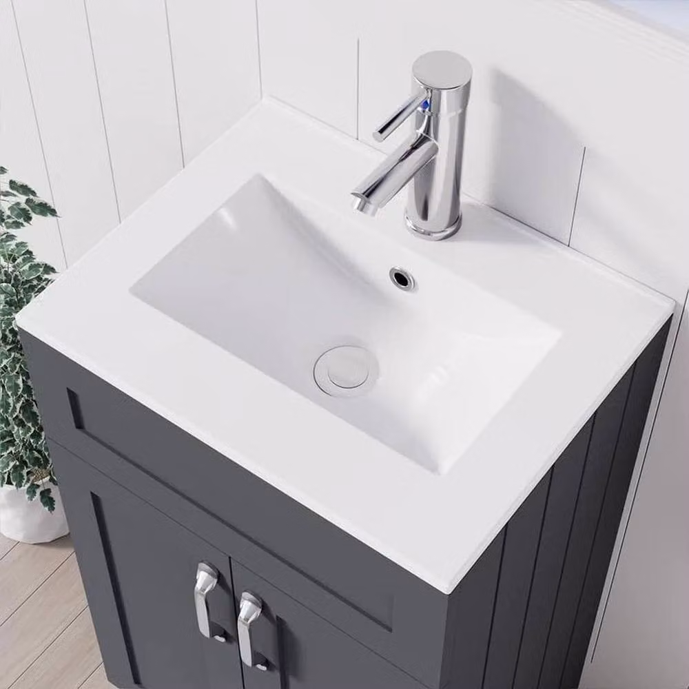FORGEVIO Grey Modern Freestanding Bathroom Vanity Unit with Sink Basin and Soft-Close Hinged Doors – 4