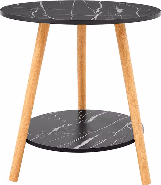 Livingandhome 2 Tier Round Black Marble and Wood Side Table