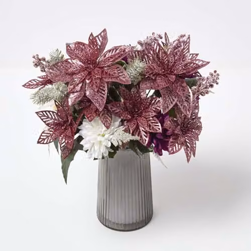 Homescapes Set of 2 Red and White Glitter Poinsettia Artificial Floral Arrangements
