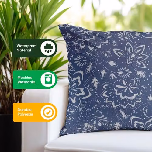 Gardenwize Pack of 2 Hampton Blue Floral Printed Square Outdoor Scatter Cushions – 7