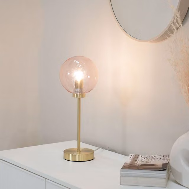 ValueLights Frenchie Art Deco Table Lamp with Pink Tinted Glass Globe and Gold Metal Stem, Includes LED Bulb – 1