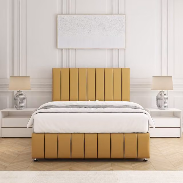 BSSPOKE Sierra Plush Velvet Divan Bed Set with 24 inch Headboard and Mattress in Mustard Yellow, King Size, W/D/H: 180 x 200 cm