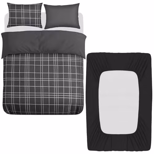 Grace 4 Piece Microfibre Reversible Duvet Cover Set with Fitted Sheet in Black or Grey, W/D/H: 200 x 200 x 40 cm