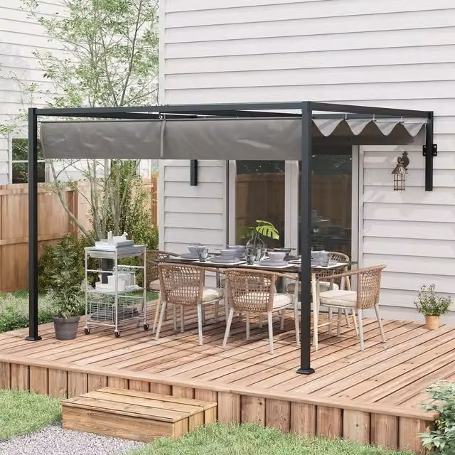 Outsunny Wall Mounted Metal Pergola with Retractable Roof in Dark Grey, W/D/H: 300 x 300 x 300 cm