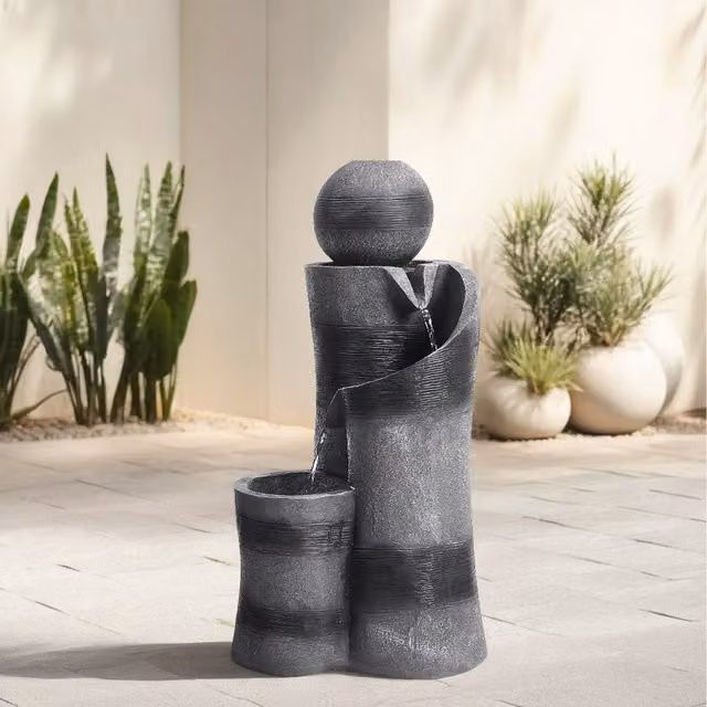 Lifeideas Solar-Powered Freestanding Outdoor Fountain with LED Lights, Grey, Diameter: 26 cm