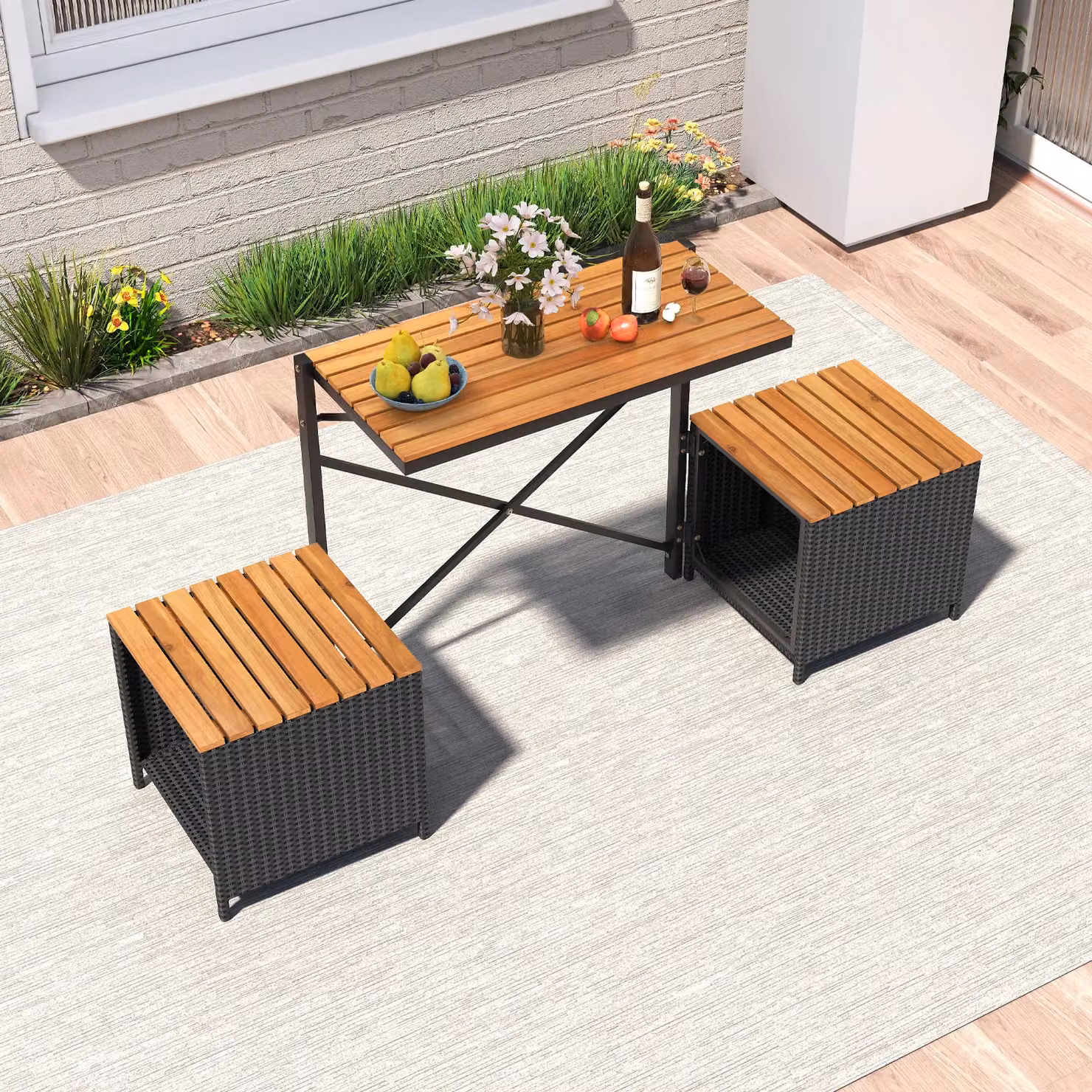 Costway Brown Acacia Wood and Metal Patio Furniture Set with Raised Garden Bed Table and Built-in Chairs – 7