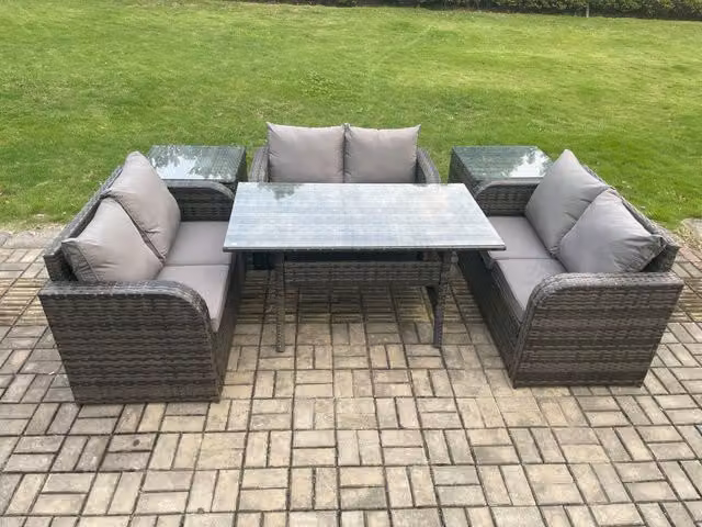 Fimous 6 Seater Outdoor Rattan Garden Furniture Set in Dark Grey with Rectangular Dining Table and 2 Side Tables
