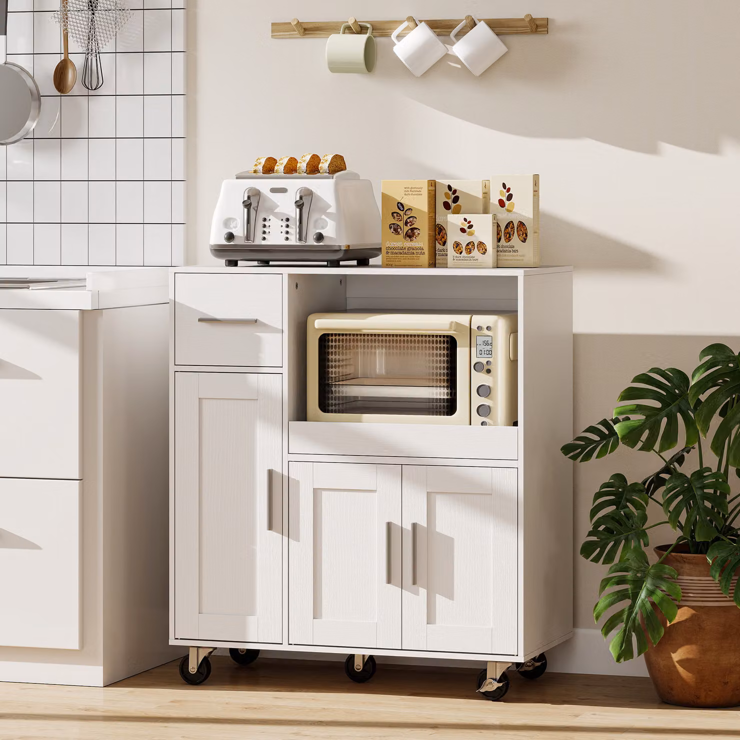 HOMCOM White Rolling Kitchen Cart with Microwave Cabinet, Sliding Tray, Drawer and 3-Door Cupboard – 2