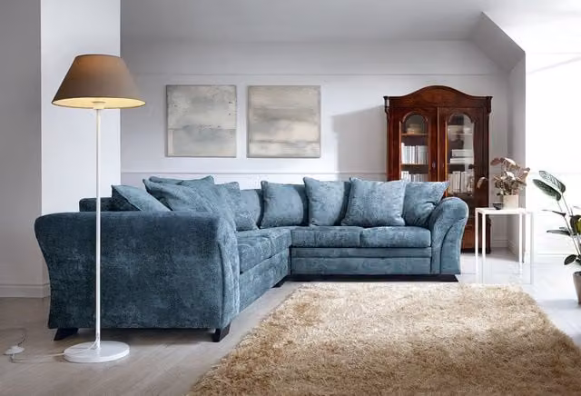 Abakus Direct Farrow Left Facing Corner Sofa in Blue Crushed Chenille W/D/H: 230 x 85 x 85 cm