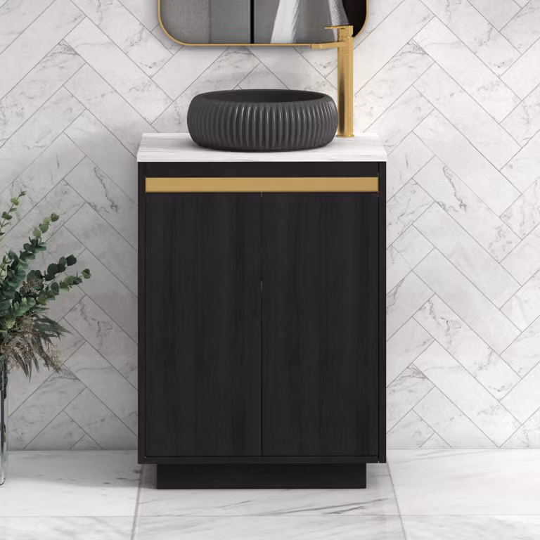 Royal Bathrooms Orion 600mm Hale Black Floor Standing 2 Door Vanity Unit with Milan Black Basin and Carrara White Countertop and Brushed Brass Accent Trim