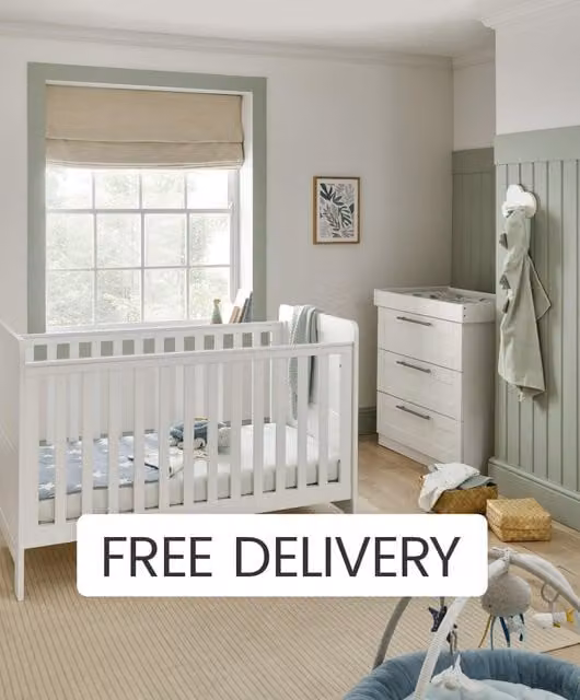 Mamas & Papas Hampden 2 Piece Nursery Furniture Set in White, featuring a Cotbed and Multipurpose Dresser/Changer