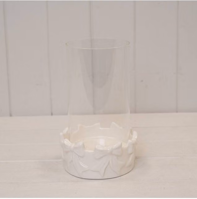 KDMD Round Bow Pillar Candle Holder with White Ceramic and Transparent Glass Insert